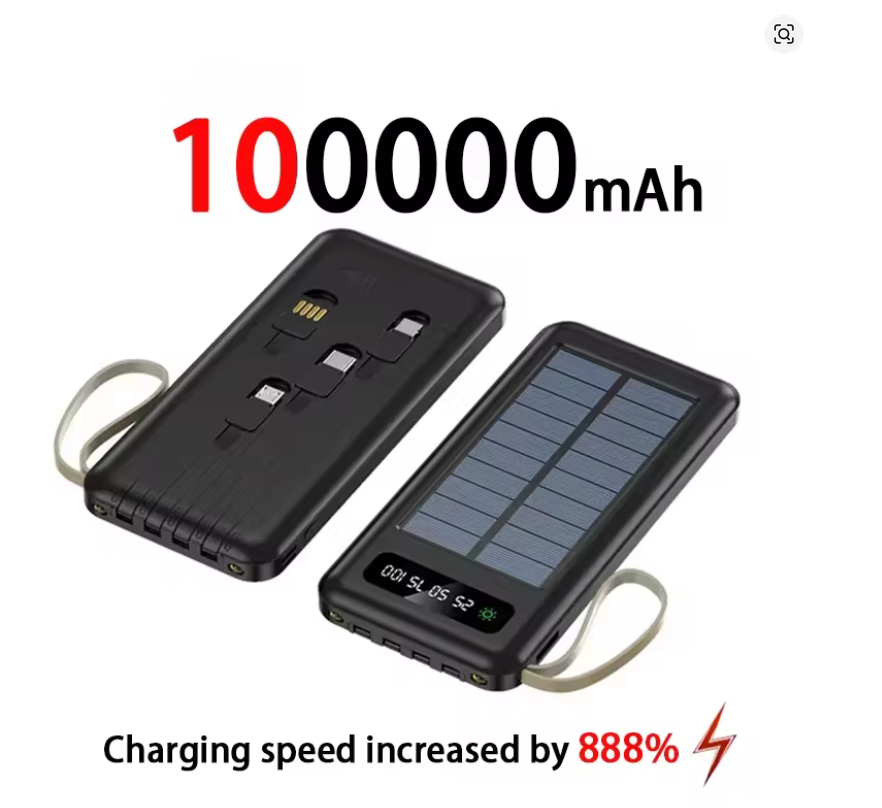 200000mAh Solar Power Bank – Fast Charging, Dual USB & 4 Cables