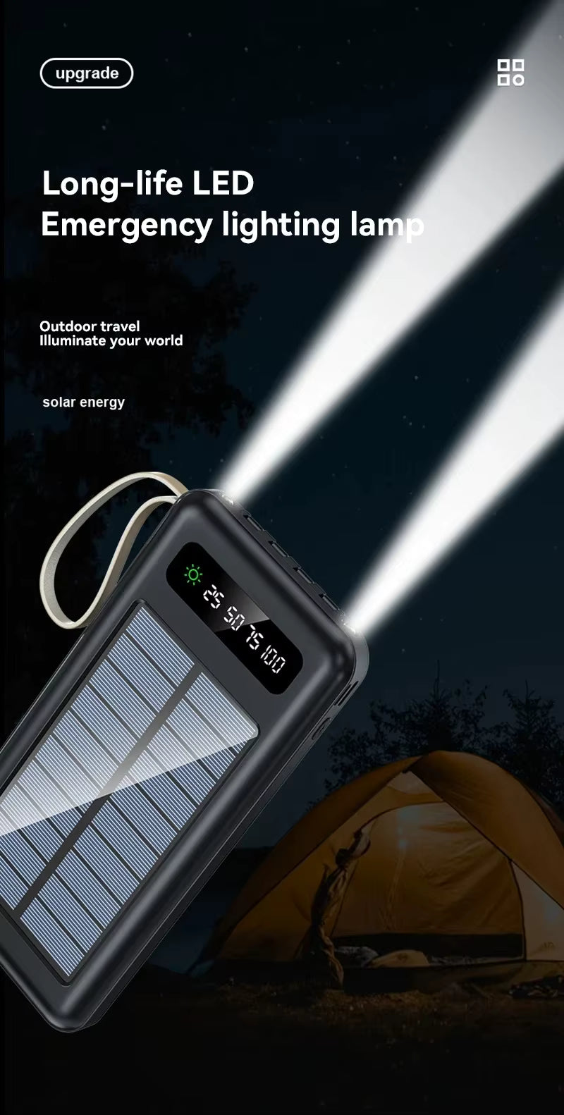 200000mAh Solar Power Bank – Fast Charging, Dual USB & 4 Cables