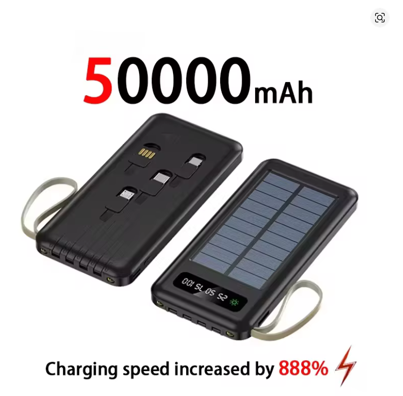 200000mAh Solar Power Bank – Fast Charging, Dual USB & 4 Cables
