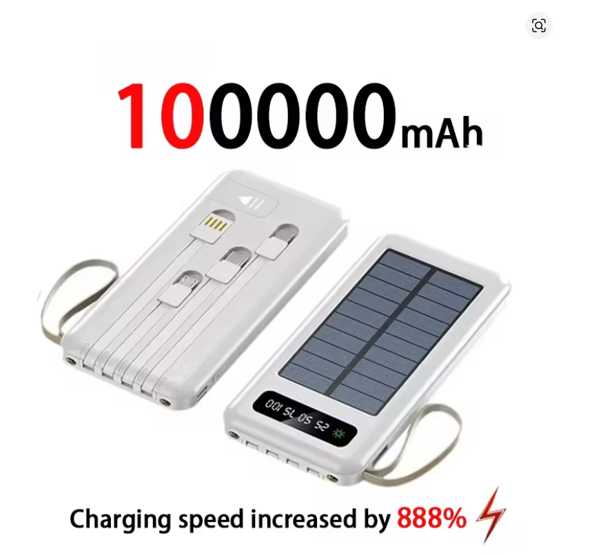 200000mAh Solar Power Bank – Fast Charging, Dual USB & 4 Cables