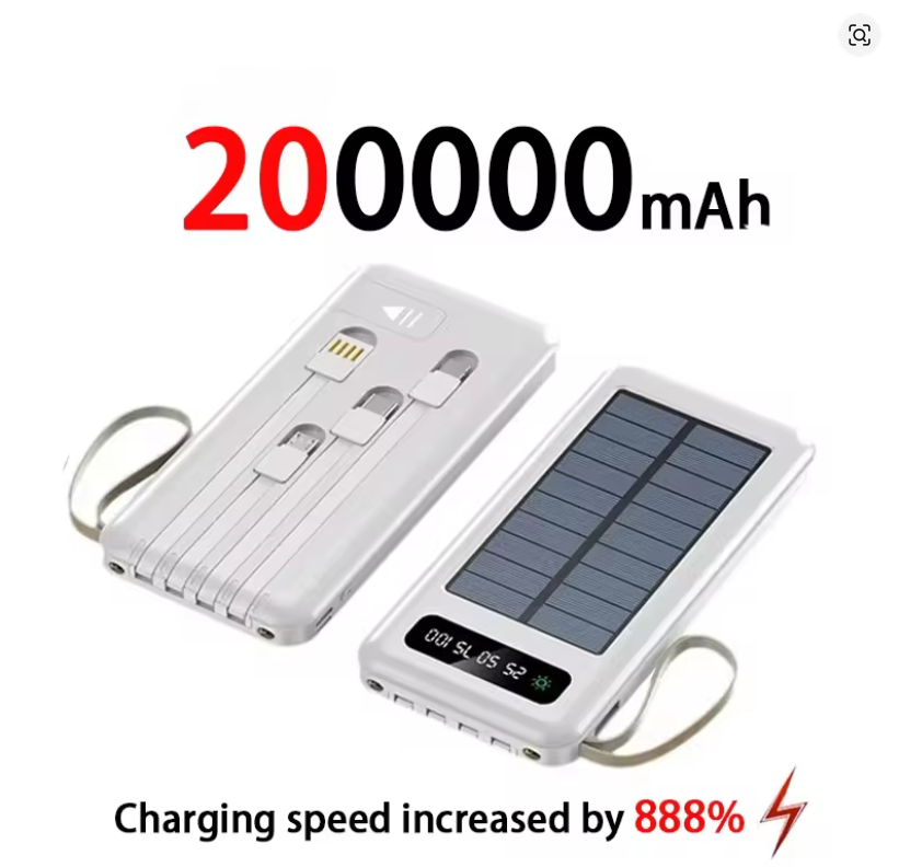 200000mAh Solar Power Bank – Fast Charging, Dual USB & 4 Cables