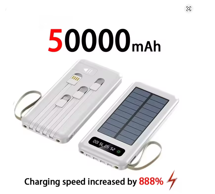 200000mAh Solar Power Bank – Fast Charging, Dual USB & 4 Cables